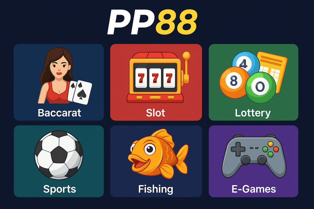 PP88娛樂城遊戲種類與平台介面示意圖